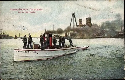 Ak Amsterdam Nordholland, Amsterdamsche Brandweer, Jan van der Heyde, Feuerwehr, Löschboot