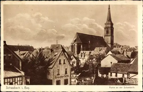 Ak Schwabach in Mittelfranken Bayern, Partie an der Schwabach, Kirche