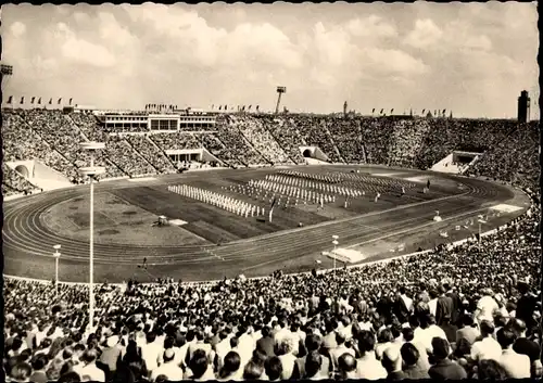 Ak Leipzig in Sachsen, Zentralstadion, Vignette Thomaskirche, Bachdenkmal