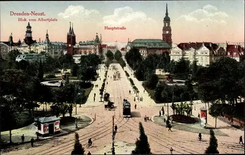 Ak Dresden Neustadt, Hauptstraße, Albertplatz, Straßenbahn, Dreikönigskirche