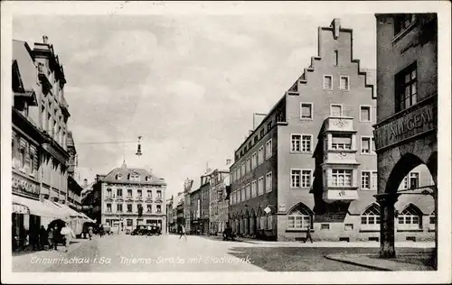 Ak Crimmitschau in Sachsen, Thieme-Straße mit Stadtbank