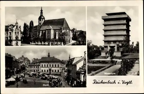 Ak Reichenbach im Vogtland, Wasserturm, Peter-Pauls-Kirche, Markt