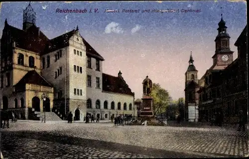Ak Reichenbach im Vogtland, kaiserliches Postamt und König Albert Denkmal
