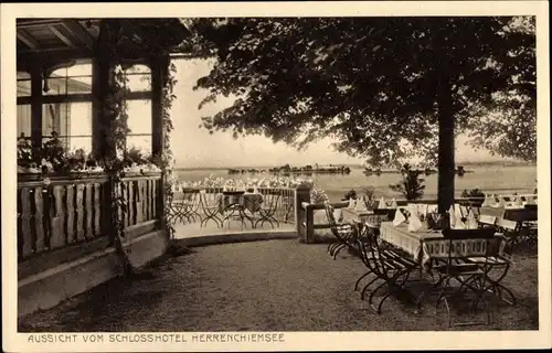 Ak Herrenchiemsee Chiemsee Oberbayern, Aussicht vom Schlosshotel Herrenchiemsee