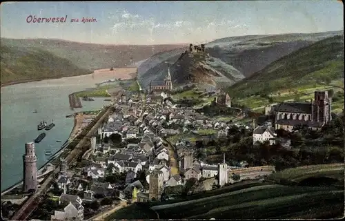 Ak Oberwesel am Rhein, Panorama vom Ort