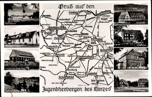 Landkarten Ak Jugendherbergen im Harz, Clausthal Zellerfeld, Goslar, Braunlage, Scharzfeld, Torfhaus