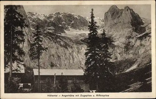 Ak Grainau in Oberbayern, Höllentalangerhütte, Höllental Angerhütte, Höllentalhütte, Zugspitze
