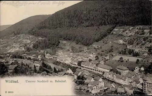 Ak Bad Wildbad im Schwarzwald, Unterer Stadtteil m. Bahnhof, Panorama