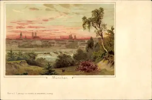 Künstler Ak München, Blick auf die Stadt in der Dämmerung
