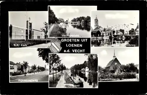 Ak Loenen aan de Vecht Utrecht, R. K. Kerk, Vechtbrug, Gemeentehuis