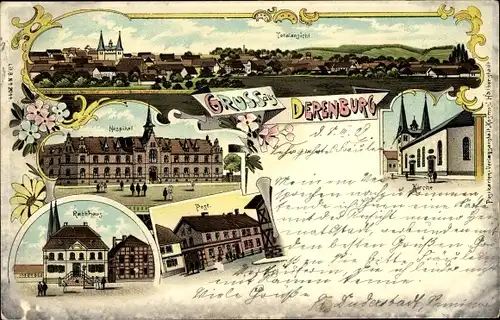 Litho Derenburg Blankenburg am Harz, Hospital, Totalansicht von Ort, Post, Kirche, Rathaus