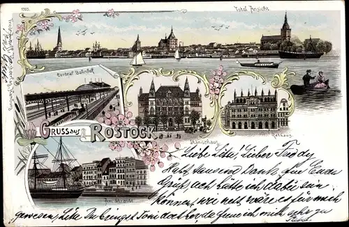 Litho Rostock in Mecklenburg, Zentralbahnhof, Ständehaus, Rathaus