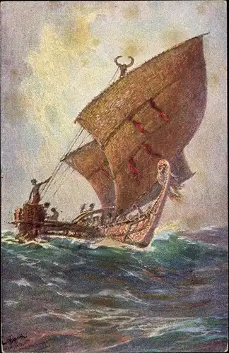 Künstler Ak Bohrdt, Hans, Papua Neuguinea, Das letzte Boot von der Insel Agomes, Kolonialkriegerdank