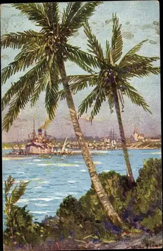 Künstler Ak Stöwer, Willy, Daressalam Tansania, Kriegsschiff, Palmen, Kolonialkriegerdank