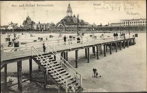 Ak Świnoujście Swinemünde Pommern, Strand, Kurhaus, Seebrücke