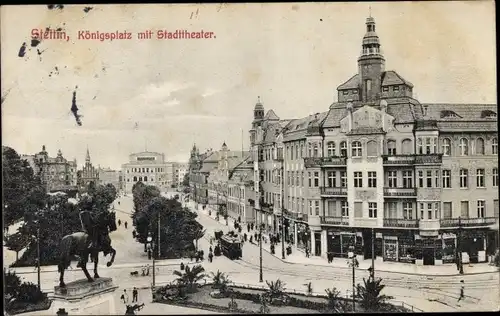 Ak Szczecin Stettin Pommern, Königsplatz, Stadttheater, Denkmal, Straßenbahn