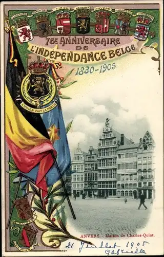 Wappen Ak Anvers Antwerpen, Maison de Charles Quint, 75e Anniversaire de l'Independance Belge