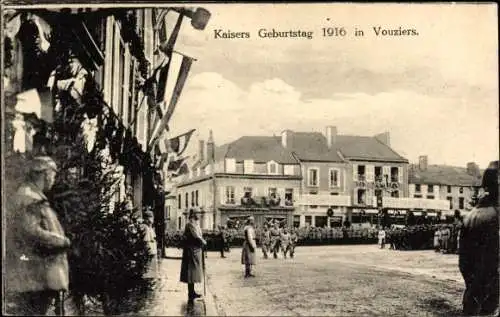 Ak Vouziers Ardennes, Kaisers Geburtstag 1916, Fest, Deutsches Geschäft
