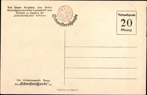 Ak General Erich Ludendorff, Standportrait, Schwesternspende