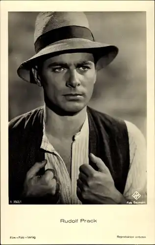 Ak Schauspieler Rudolf Prack, Portrait mit Hut, Ufa Film, Film Foto Verlag, Foto Baumann, A 35631
