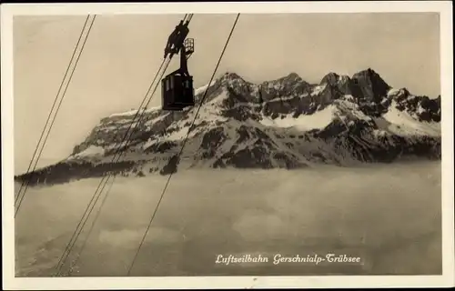 Ak Luftseilbahn Gerschnialp Trübsee, Gondel in Fahrt, Nebel