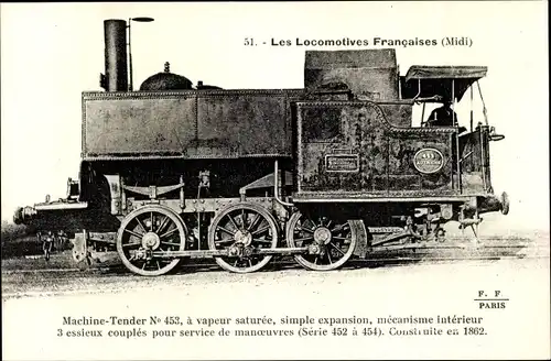 Ak Les Locomotives Francaises, Französische Eisenbahn, Midi, Dampflok, Tender 453