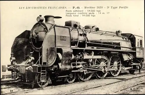 Ak Les Locomotives Francaises, P. O., Machine 3630, 3e Type Pacific, Französische Eisenbahn