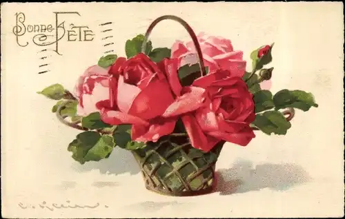 Künstler Ak Klein, Catharina, Glückwunsch Neujahr, Blumenkorb mit roten Rosen
