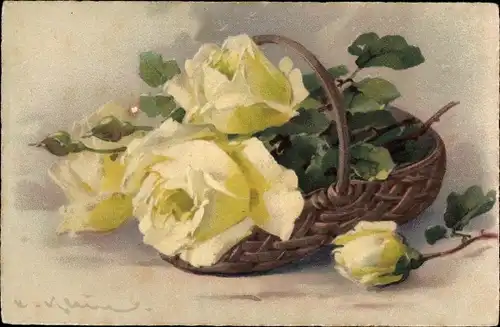 Künstler Litho Klein, Catharina, Gelbe Rosen, Korb, Meissner & Buch 1934