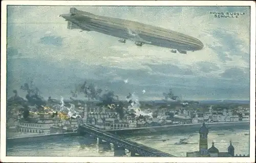 Künstler Ak Schulze, Hans Rudolf, Zeppelin, Luftschiff Schütte Lanz, Warschau bombardierend, I. WK