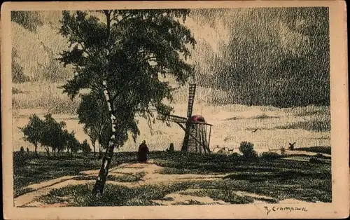 Künstler Ak Unsere Heimat, Birke, Windmühle