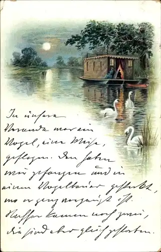 Mondschein Ak Schwäne auf dem Wasser, Hausboot