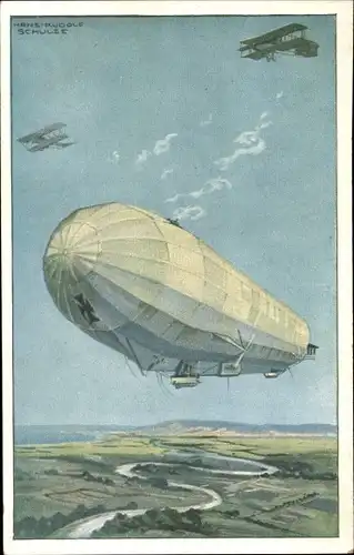 Künstler Ak Schulze, Hans Rudolf, Zeppelin Luftschiff Hansa im Kampf mit feindl. Fliegern, I WK