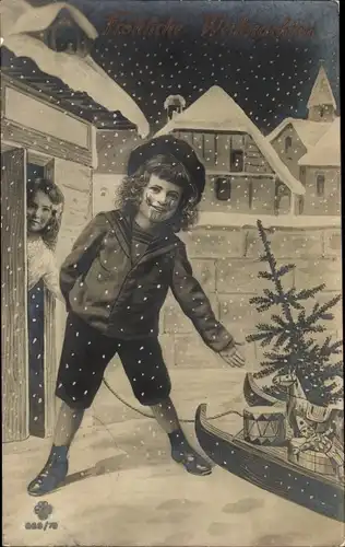 Ak Glückwunsch Weihnachten, Kinder, Schlitten, Tannenbaum, Spielzeuge