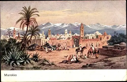 Künstler Ak Perlberg, F., Marokko, Stadt, Pferde, Einheimische, Palmen, Kamele