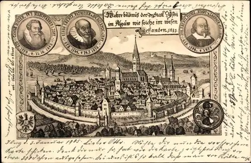 Ak Isny im Allgäu, Stadtansicht im Jahre 1631, Persönlichkeiten der Stadt, Pfarrer, Patrizier