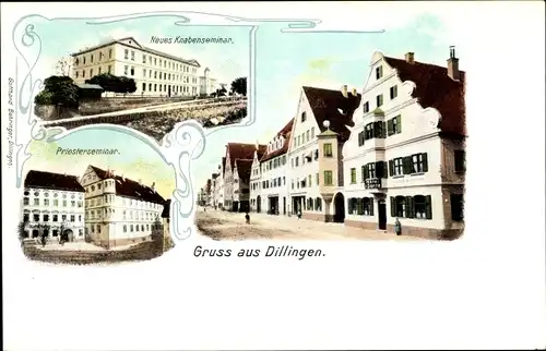 Ak Dillingen an der Donau, Neues Knabenseminar, Priesterseminar, Straßenpartie