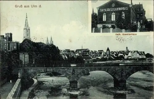 Ak Ulm an der Donau Baden Württemberg, Flusspartie mit Brücke, Kath. Gesellenhaus