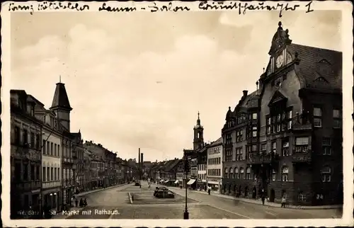 Ak Werdau an der Pleiße in Sachsen, Markt mit Rathaus, Straßenpartie, Geschäfte