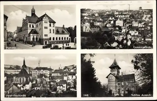 Ak Reichenbach im Vogtland, Postamt, Gesamtansicht, Peter-Paulkirche, Schöne Aussicht