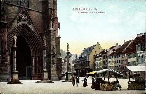 Ak Freiburg im Breisgau, Münsterplatz mit Kaufhaus, Marktstände