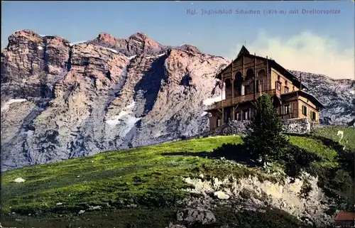 Ak Schachen Garmisch Partenkirchen, Kgl. Jagdschloss mit Dreitorspitze