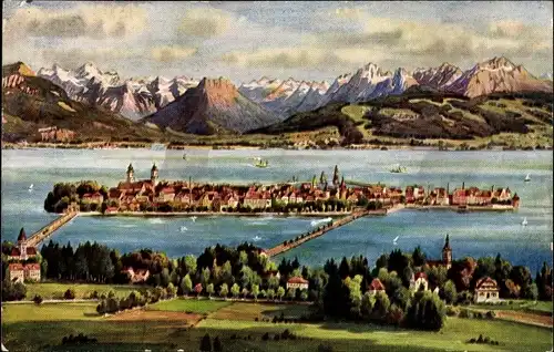 Künstler Ak Lindau am Bodensee Schwaben, Panorama mit See und Alpen
