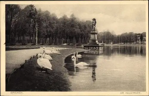 Ak Hansestadt Bremen, Partie am Hollersee, Schwäne, Denkmal