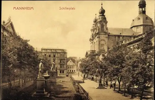 Ak Mannheim in Baden, Schillerplatz, Denkmal, Kuppeltürme