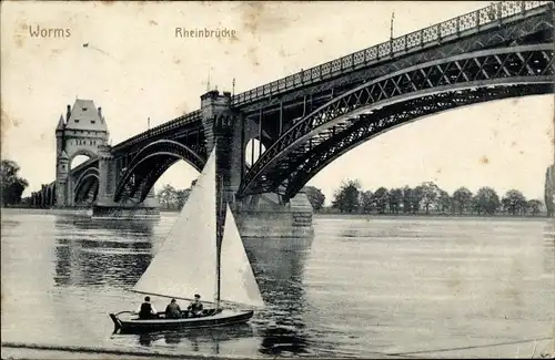 Ak Worms am Rhein, Rheinbrücke, Boot