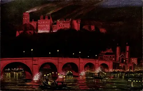 Ak Heidelberg am Neckar, Die Schlossbeleuchtung, Nachtansicht
