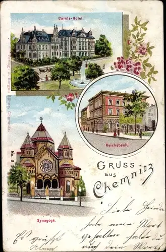 Judaika Litho Chemnitz in Sachsen, Carola Hotel, Synagoge, Reichsbank
