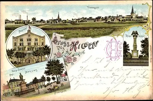 Litho Hilden im Rheinland, Totalansicht, Kriegerdenkmal, Pensionat, Kaiserdenkmal, Friedenseiche