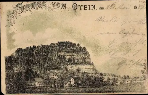 Vorläufer Litho Oybin in der Oberlausitz, Blick auf den Ort und Berg, 1889